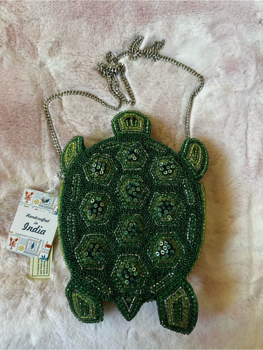 Green Beaded Turtle Crossbody Bag - Handcrafted in India NWT